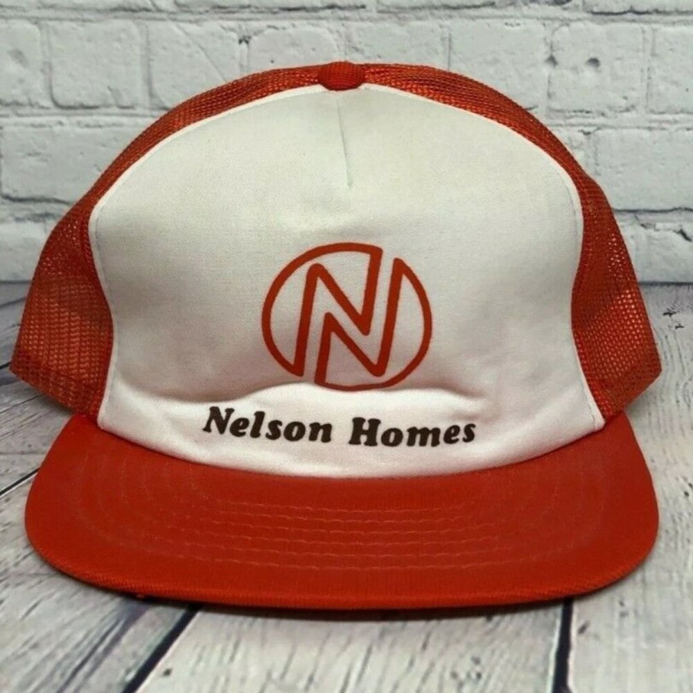 Vintage Nelson Homes Trucker Hat Mesh Snapback Cap Logo Home Builders Orange